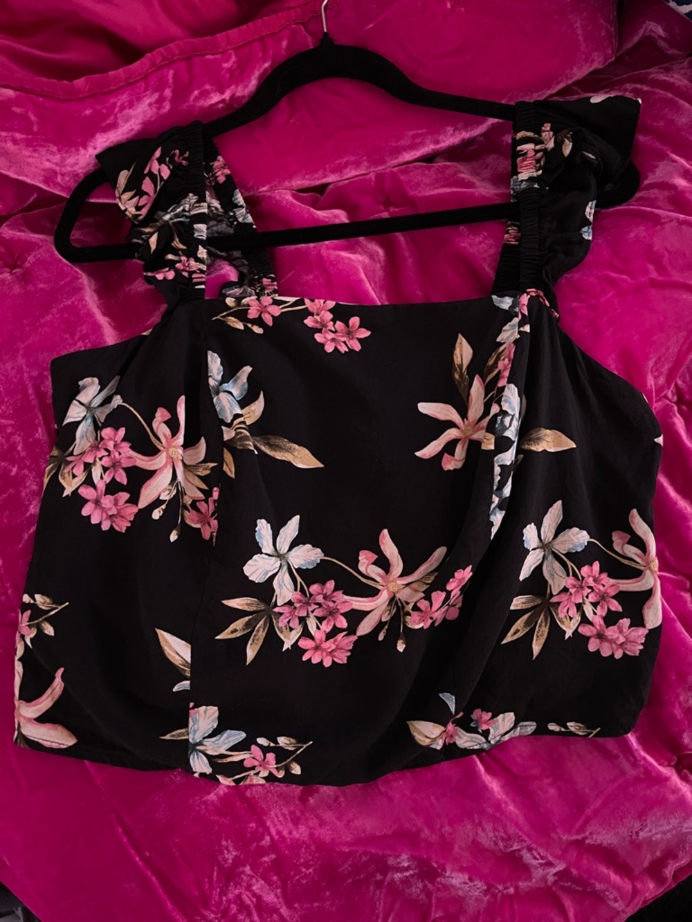 torrid Black Floral Ruffle Strap Crop Tank